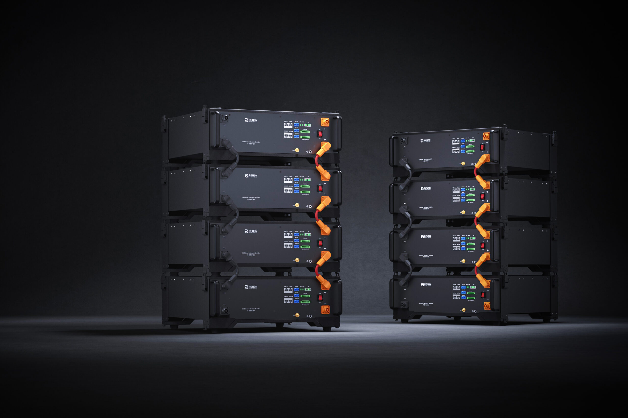 Stacked battery units with labeled control panels and connectors, designed for efficient energy storage solutions, showcased against a dark background.