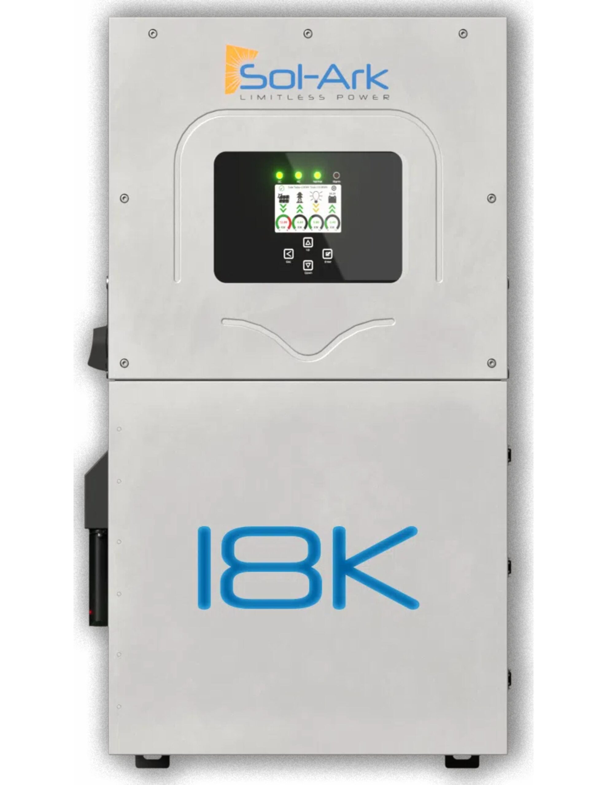 Front view of a Sol-Ark 18K hybrid solar inverter featuring a digital display screen at the top and large "18K" branding on the lower metal casing.